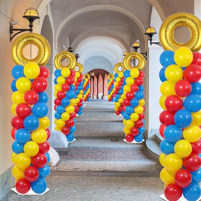 2 Sets Red Blue Yellow Balloon Column Stand Kit with 102 Balloons Ring 5.57ft Adjustable Balloon Tower Stand with Red Blue Gold Balloons Arch Column for Birthday Baby Shower Party Supplies