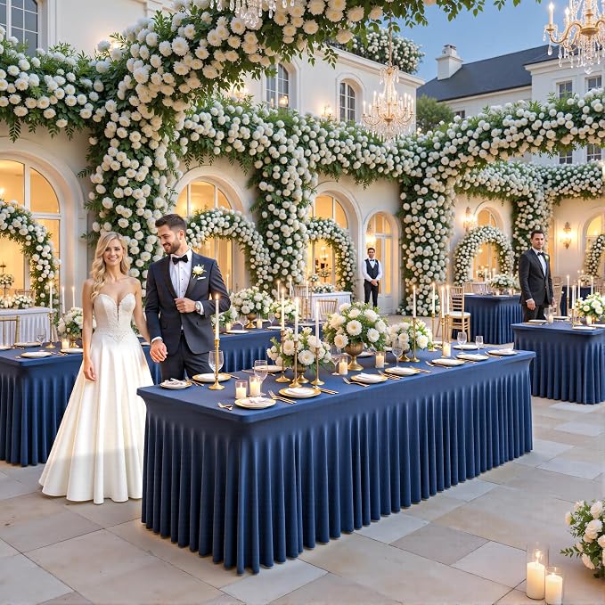 Suppromo 6ft Navy Blue Spandex Table Cloths for Rectangle Tables Wrinkle Free Rectangle Tablecloths Stretch Fitted Table Cover with Skirt for Birthday Party Wedding Banquet Baby Shower Buffet Event