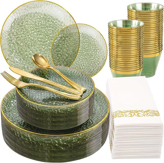 DaYammi 175PCS Sage Green Plastic Dinnerware Set, Plastic Plates Disposable Hammered Disposable Plates for Party, Include: 25 Dinner Plates 25 Dessert Plates 75 Gold Silverware 25 Napkins 25 Cups