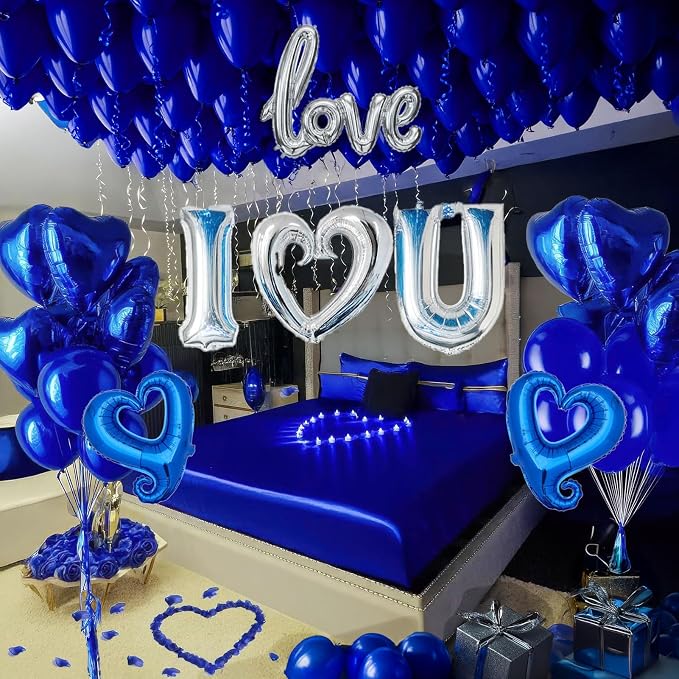 I Love You Balloons for Him/Her Balloons Royal Blue Sliver romantic balloon kit with blue heart mylar balloons blue rose petals for hotel Decorations Valentines Party wedding anniversary supplies