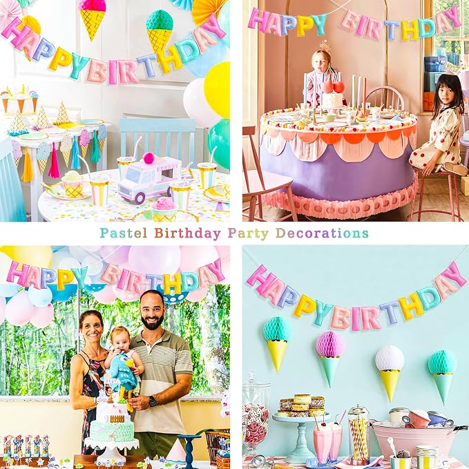 Pre-Strung Happy Birthday Banner - Felt Ball Garland, Rainbow Party Decorations, HAPPY BIRTHDAY Garland, Personalized Birthday Sign for Birthday Decor, Party Decor, Photo Prop (Pastel Happy Birthday Banner)