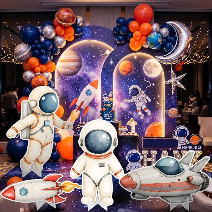 Honoson 4 Pcs Large 30" Astronaut Cardboard Cutouts, Space Birthday Party Decoration Rocket Spaceship Backdrop Standup Photo Booth Prop for Baby Shower Party Supplies Classroom Sign