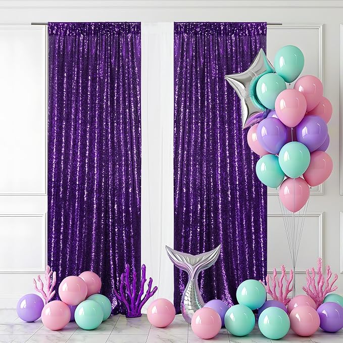 PartyDelight Sequin Backdrop Curtains 2x8ft 2 Panels | 3mm stitched sequin curtain with 4 inch rod pocket for 2x8ft 2 panel doorway window side drape narrow photo booth strip