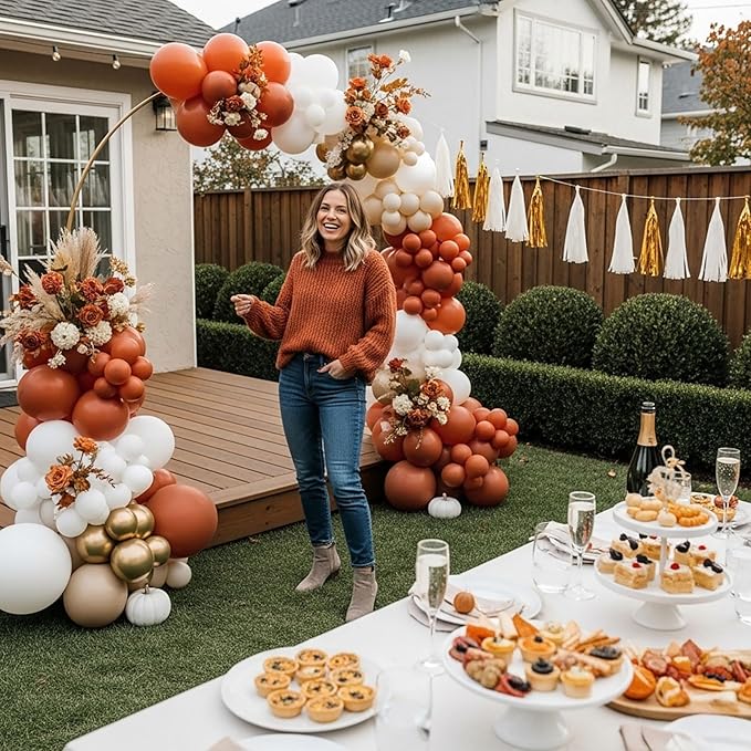 Fall Balloon Garland Arch Kit 143pcs Double Stuffed Terracotta Dark orange and Gold white sand Balloons for Fall in love Bridal Shower Rustic Boho Baby Shower bride to be decorations