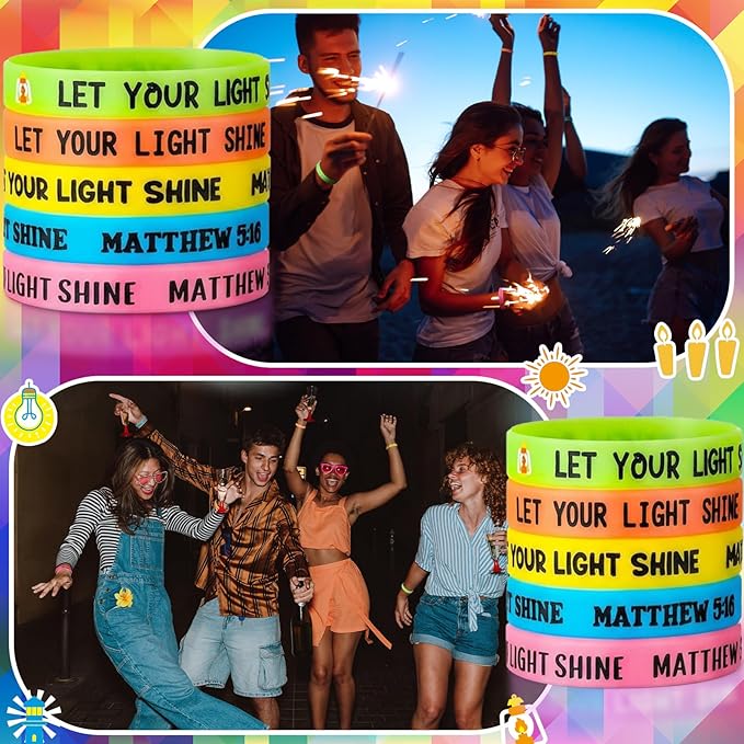 100 Pcs Let Your Light Shine Bracelet Christian Glow in the Dark Wristband, MATTHEW 5: 16 Silicone Wristband Halloween Trunk Or Treat Bible Verse Bulk for Church Sunday School Party Favors