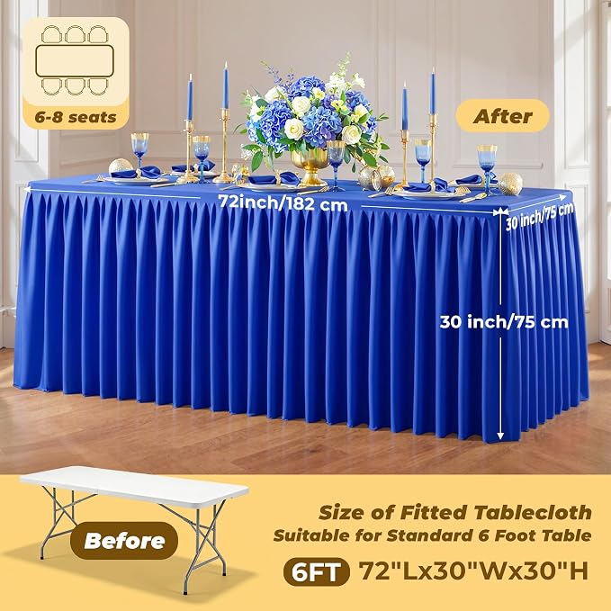 Royal Blue Polyester Table Cloths for Rectangle 6 Foot Tables, 2 Pack Wrinkle Free Tablecloths Stretchy Banquet Ruffle Fitted Table Cover Desk Skirt for Parties Wedding Birthday Baby Shower