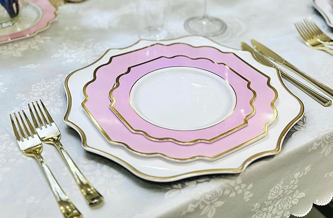 OCCASIONS Rose Gold Plastic Plates, 50 Pack for 25 Guests - Disposable Dinner & Dessert Plate Set, 25x10.5" + 25x8", Heavyweight Premium, BPA-Free (Imperial in Rose Pink & Gold)