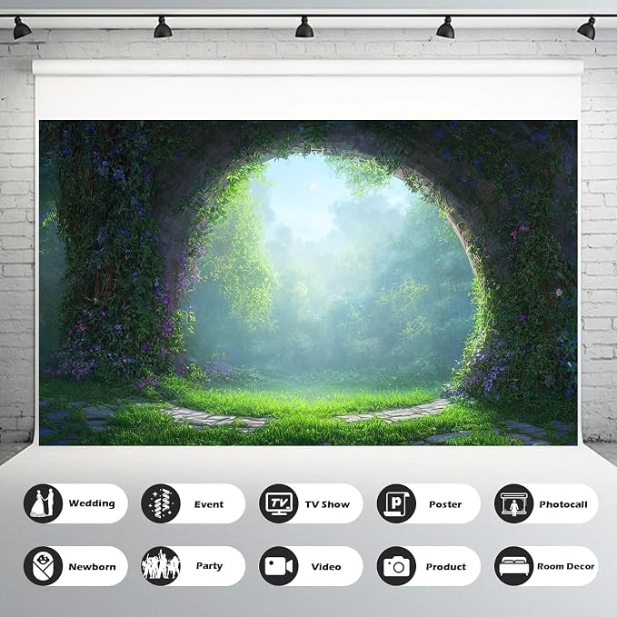 Fantasy Forest Backdrop Magical Fairy-Tale Portal Photography Background Lush Plants Moss and Grass Forest Backdrops Magical Natural Landscape Encounters Decorations Wallpaper Props 15x8ft