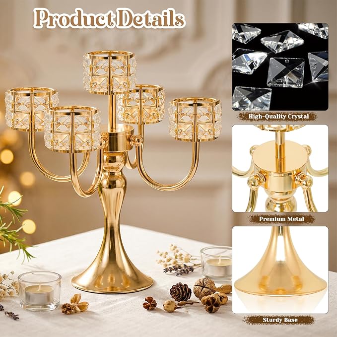 4 Pcs 5 Arm Metal Crystal Candelabra Centerpiece - 13.4 Inch Elegant Candle Holder with Crystal Beads for Wedding Party Christmas Home Dining Table Decoration (Style-B-Gold)