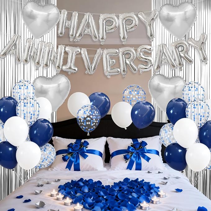 Anniversary Decorations Navy Blue Silver,Happy Anniversary Balloon Banner with Heart Foil Balloons Fringe Curtain for Wedding Party Valentine's Day Romantic Night Surprise