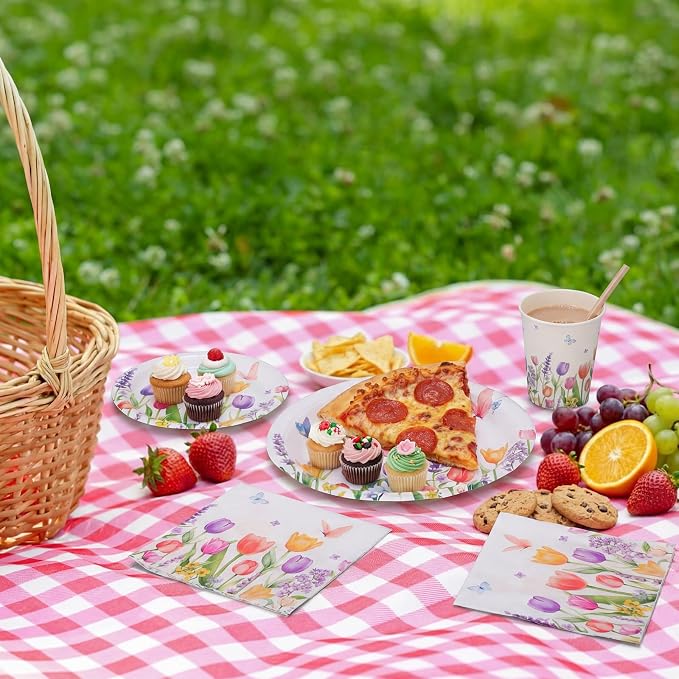 Ziliny 250 Pcs Floral Party Decorations Include Lavender Tulip Butterfly Paper Plates Napkins and Cups for Easter Summer Spring Wildflower Baby Shower Tea Decorations, Serve 50 Guest