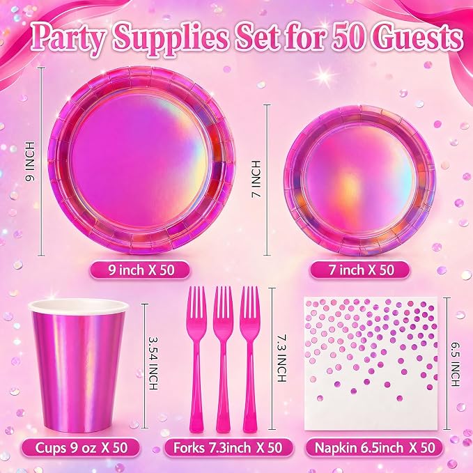 250Pcs Hot Pink Iridescent Plates and Napkins Party Supplies Set for 50 Guests, Disposable 9’’ and 7'' Holographic Paper Plates, Cups, Forks, Napkins Tableware for Mermaid, Birthday Party Decorations