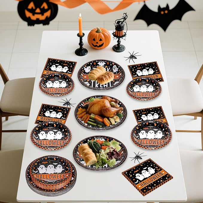 150 Pcs Happy Halloween Plates and Napkins Set - Trick or Treat Ghost Paper Tableware, Disposable Dinner Dessert Paper Plates Napkins Kit for Halloween Table Decorations Party Supplies, Serve 50