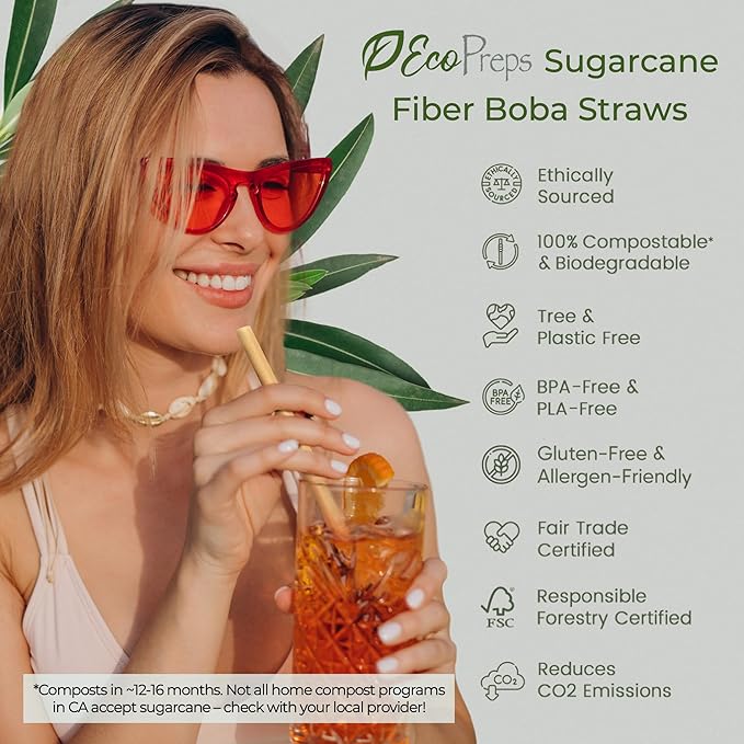 EcoPreps Biodegradable Jumbo Smoothie Straws, Sugarcane Boba Straws - 50 PCS, Extra Wide, 100% Compostable, Plastic-Free, Eco-Friendly Large Wide-Mouthed Straw - 8.25" Long Sugarcane Disposable Straw