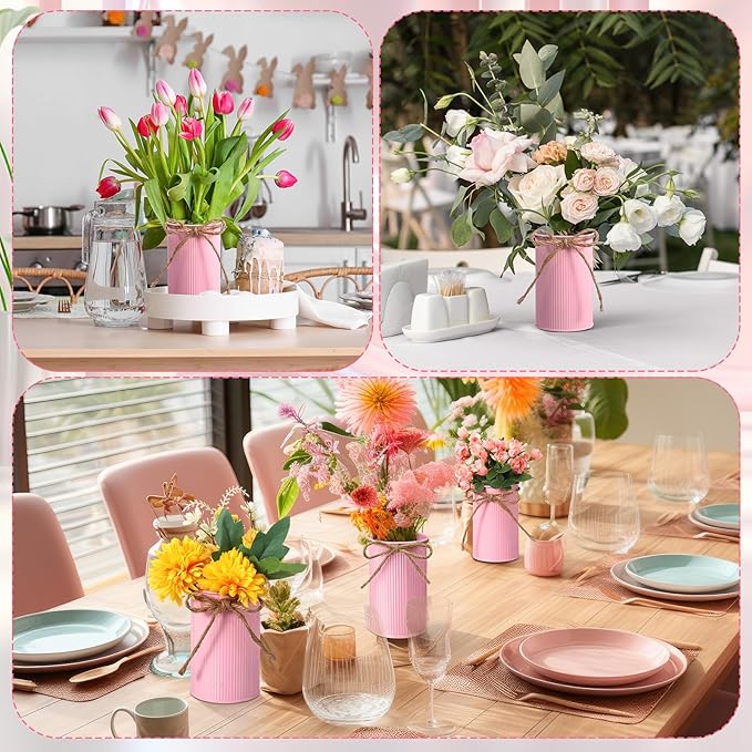 Rustic Vase for Table Centerpieces 4.33 Inch Small Petite Flower Vase with Twine Bow Vintage Farmhouse Decor for Wedding Reception Dining, Home Galvanized Metal Buckets(Pink,24 Pcs)