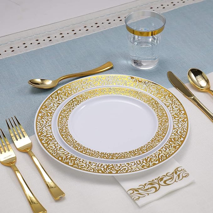 FOCUSLINE 350 Ct Gold Dinnerware Set for 50 Guests, Gold Lace Plastic Plates Disposable Heavy Duty, Including 50 Dinner & Dessert Plates, Cups, Napkins, Cutlery Set