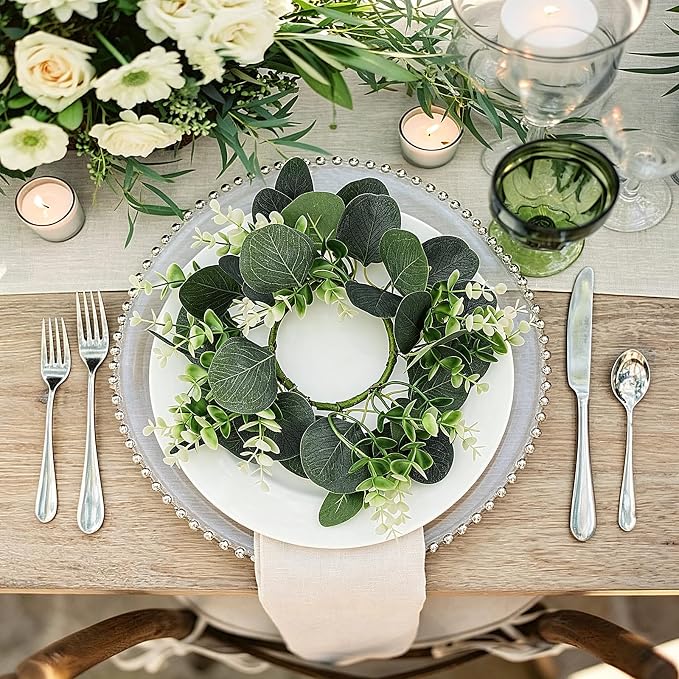 6 Pack Artificial Eucalyptus Candle Rings Wreaths, 9 Inch Candle Rings with Baby Breath, Greenery Candle Rings for Pillar Candles, Wedding Centerpieces, Home Decor