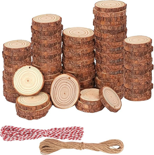 100 PCS Natural Wood Slices with Hole for Crafts, Diameter 2.76-3 Inch, Perfect Wood Slices Wooden Circles and Discs for Centerpieces, Decorations, and More(Include 2 Rope)