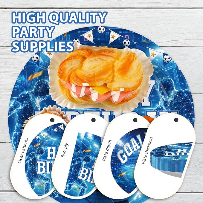 96Pcs Soccer Birthday Party Supplies Blue Soccer Plates and Napkins Sports Theme Tableware Set for Men Boys Sports Birthday Party Supplies, Serves 24