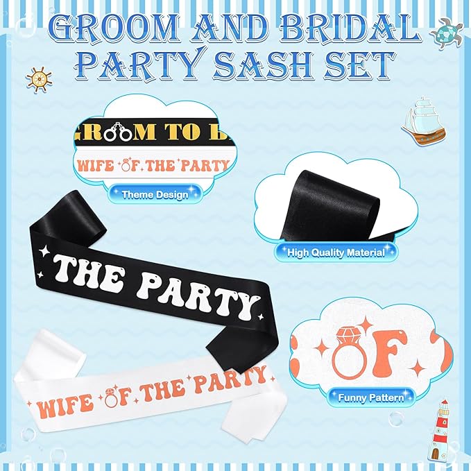 JaGely 4 Pcs Groom Bride Captain Hat with Veil Bachelor Sash Bachelorette Accessories for Wedding Bridal Shower Honeymoon