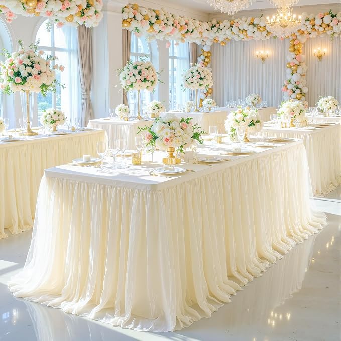 Champagne Table Cloth for 8 Foot Rectangle Tables, Stretch Fitted Tulle Table Covers Skirt, Rectangular Ruffle Tutu Tablecloth Wedding Banquet Baby Shower Cake Tablecloths Decorations