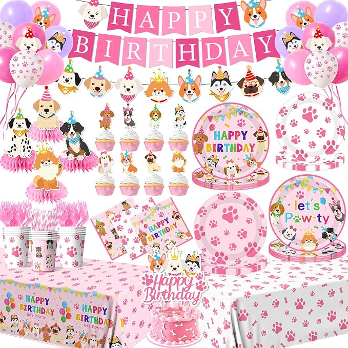 Dog Birthday Party Decorations Include Lets Pawty Plates Napkins Pink Puppy Tablecloth Banner Balloons Cupcake Toppers Tableware Set for Girls Puppy Birthday, Dog Party Decorations Serves 24
