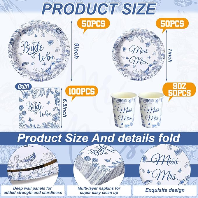 Zhehao 250 Pcs Bridal Shower Decorations Bride to Be Bridal Shower Plates Napkins Sets 50 Pcs 9'' Dinner Plates and 7'' Dessert Plate and 9oz Cups 100 Napkins Serves 50 Engagement Supplies