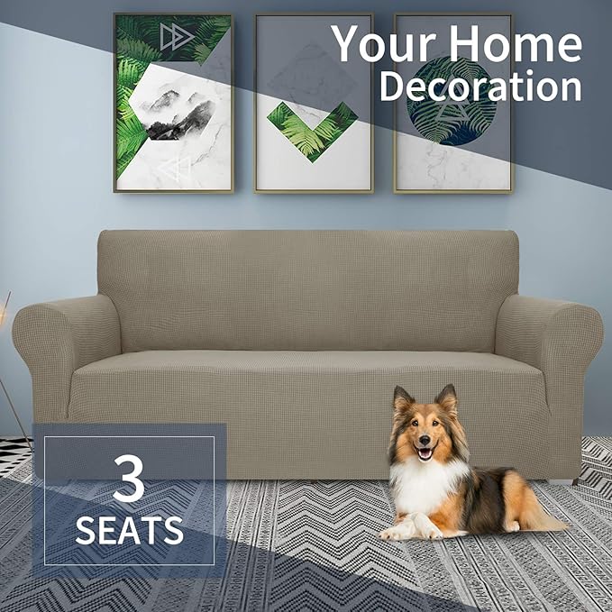 JIVINER High Stretch Couch Covers for 3 Cushion Couch 1-Piece Jacquard Elastic Sofa Slipcovers Anti Slip Sofa Cover with Elastic Bottom Furniture Protector for Kids Pets (Sofa, Khaki)