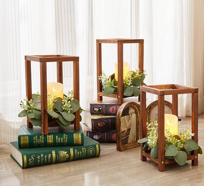 24 Pcs/12 Set Wooden Wedding Lantern Centerpiece Include 12 Lantern Candle Holder 12 Flameless LED Candle for Rustic Wedding Table Party Baby Shower Farmhouse Decor(No Wreathes)