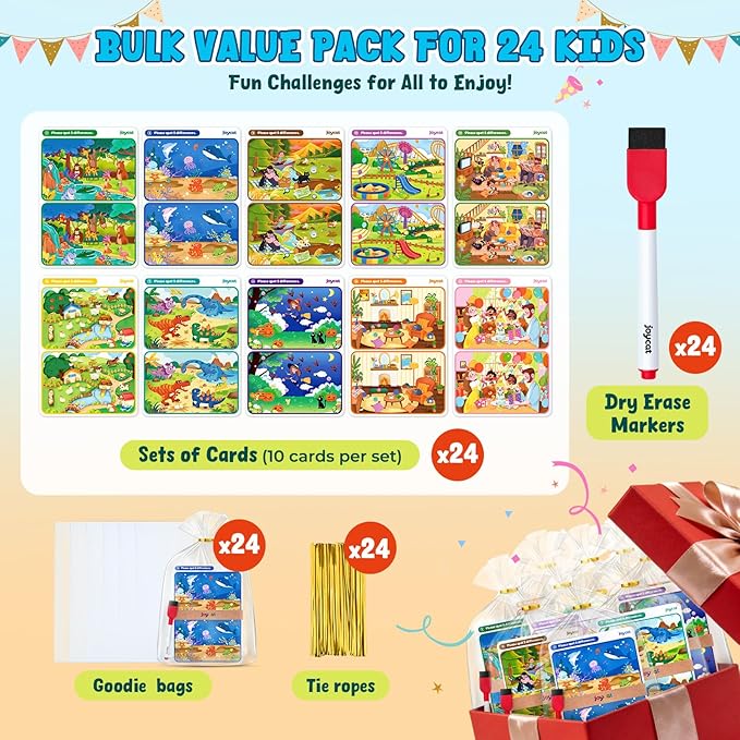 JoyCat 24 Pack Spot the Difference Game Cards for Kids, Reusable Dry Erase Party Favors, Classroom Prizes, Goodie Bag Stuffers & Birthday Return Gifts for Ages 4-8