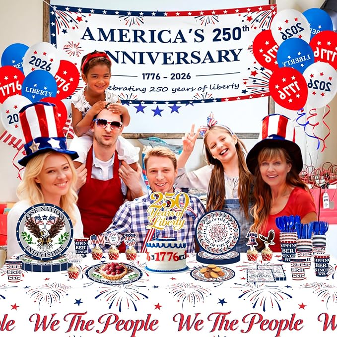 4th of July Party Supplies USA 250th Anniversary Patriotic Party Kit Include Plates Balloons Banner Tablecloth Cake Topper Napkins Cups Tableware, Serves 24