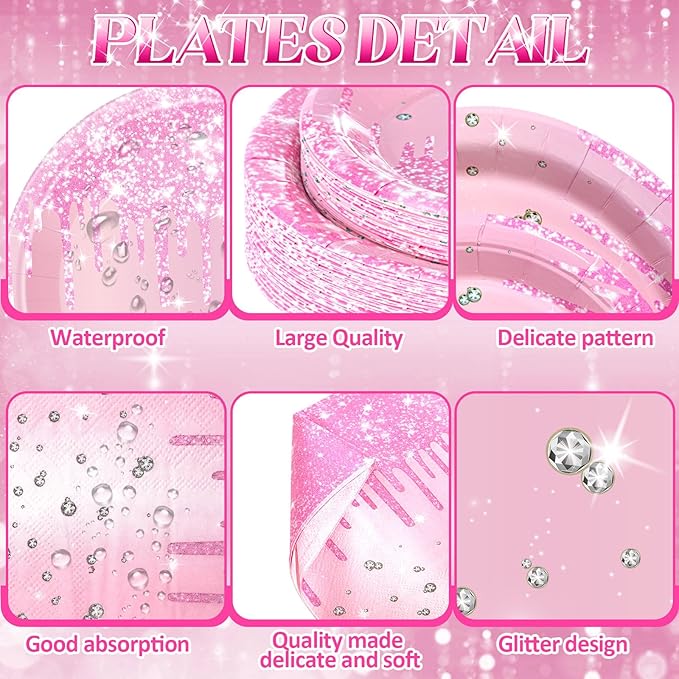 Funnymoom 452 Pcs Pink Birthday Party Decoration Include Light Pink Glitter Paper Plates Napkins Cups Tablecloth Cutlery Straws Diamond Tableware for Wedding Baby Shower Graduation Party Supplies