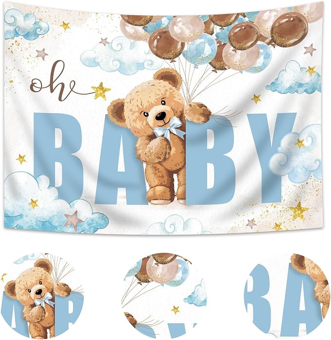 Oh Baby Bear Baby Shower Backdrop 7Wx5H Feet for Boys Brown Blue Balloons Lovely Clouds Gold Stars Polyester Fabric Cute Cartoon Photography Backgrounds Photo Shoot Decor Props Decoration