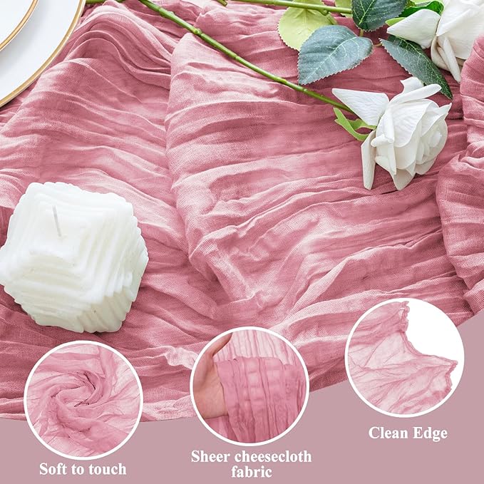 2PCS Table Runner Cheesecloth 10FT Pink Boho Gauze Cheese Cloth Rustic Sheer Table Runners for Wedding Birthday Bridal Baby Shower Party Decoration