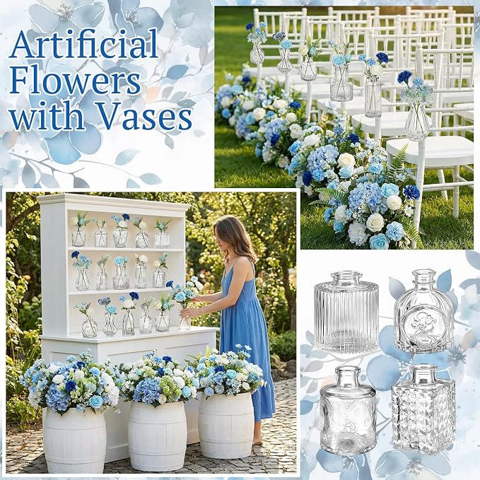 36 Pcs Artificial Flowers Table Centerpiece with Vases Colorful Wildflower Centerpieces Silk Flower Arrangement for Wedding Baby Shower Table Centerpieces Party(Blue Series,Clear)