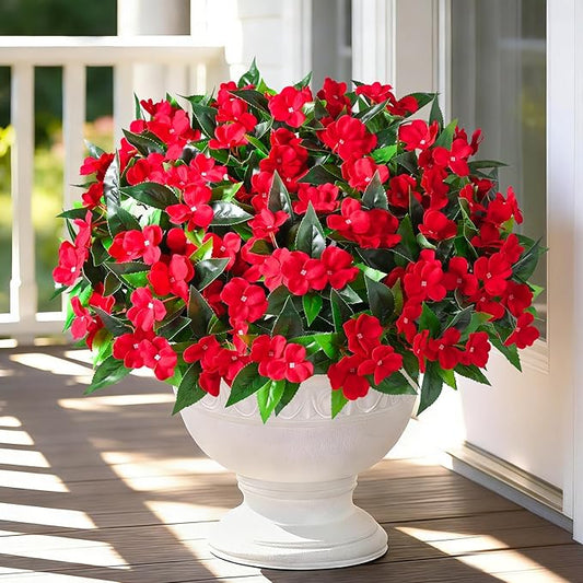 Livole 9 Bundles Artificial Flowers for Outdoors, Realistic Fake Outdoor Flowers Impatiens UV Resistant Artificial Outdoor Flower for Outside Faux Flower Plants for Porch Garden Home Decor, Red
