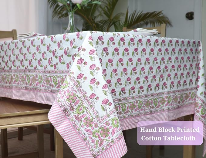 Block Print Table Cloth- 54x108 Inch Rectangle 100% Cotton Handmade Pre-Shrink, Washable for Spring, Kitchen & Dining Perfect for Patio, Indoor & Outdoor, Farmhouse