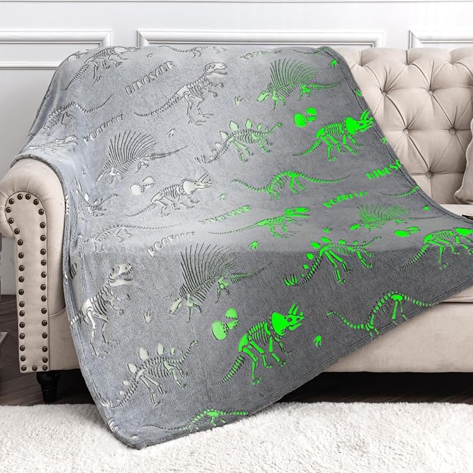 Dinosaur Toys for Kids 3-5 Glow in The Dark Blanket Dinosaur Blanket Dino World Christmas Birthday Easter Gifts for 2 3 4 5 6 7 8 Year Old Boy Girls Toddler Gray Glowing Dinosaurs Room Decor 50"x60"
