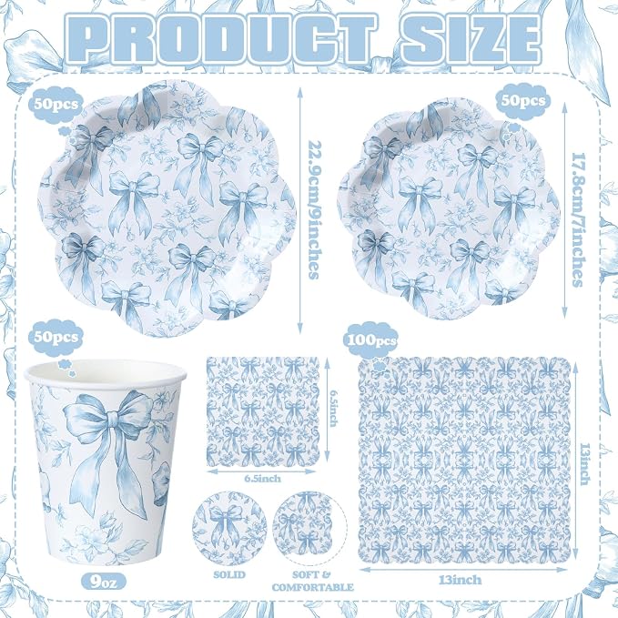Newtay 250 Pcs Blue Bow Floral Disposable Plates and Napkins Bow Coquette Disposable Tableware Set for 50 Guests Blue Flower Paper Plates Napkins Cups for Wedding Bridal Shower Party Supplies