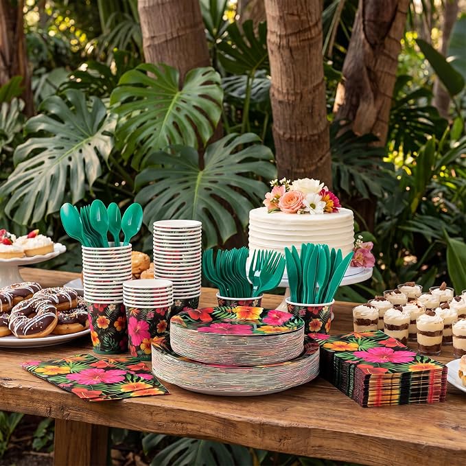 Ziliny 350 Pcs Tropical Hawaiian Party Disposable Tableware Set, Luau Hibiscus Palm Leaf Floral Paper Plates Cups Napkins Dinnerware for Summer Beach Aloha Pool Tiki Birthday Party Supplies Serves 50