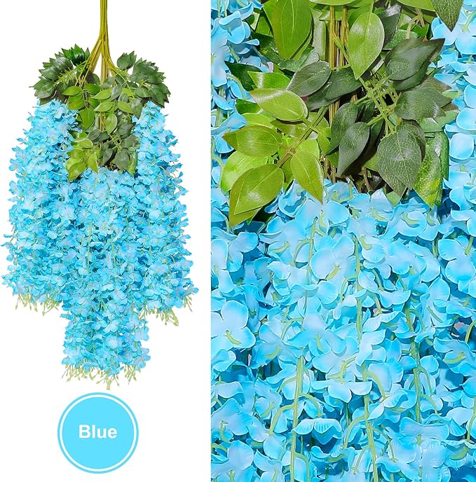 U'Artlines 24 Pack(Total 86.4 Feet) Artificial Fake Wisteria Vine Rattan Hanging Garland Silk Flowers String Home Party Wedding Decor (24, Blue)