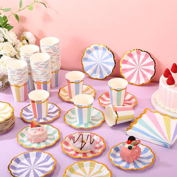 Yungyan 108 Pcs 36 Guests Pastel Paper Plates and Napkins 9 oz Party Cups 6" Scalloped Pastel Dessert Plates Colorful Stripe Disposable Tableware Set for Birthday Ice Cream Carnival Party Supplies