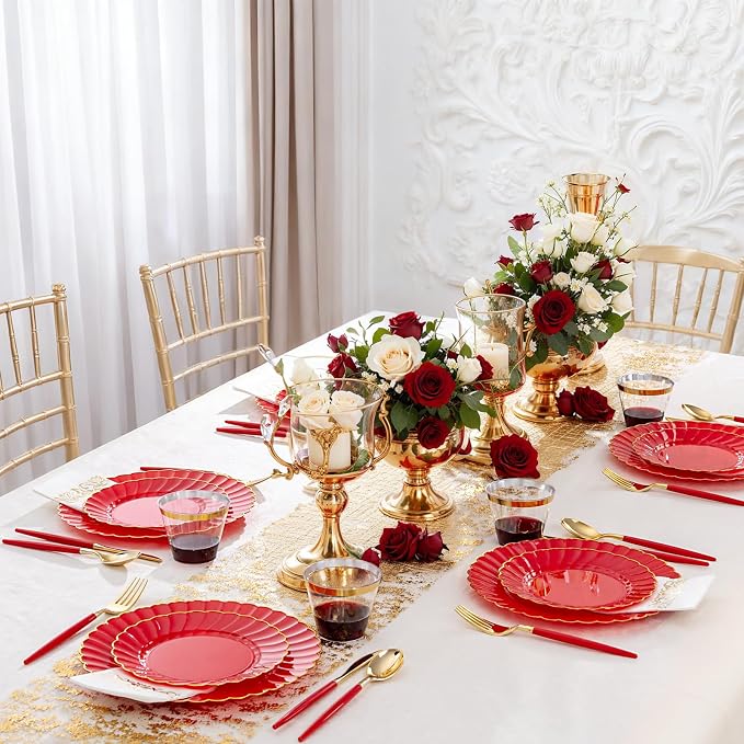 Ciaell 175 PCS Red Scalloped Plastic Plates with Gold Trim - Red Plastic Silverware with Handle - Fancy High-End Dinnerware Sets for Wedding & Party