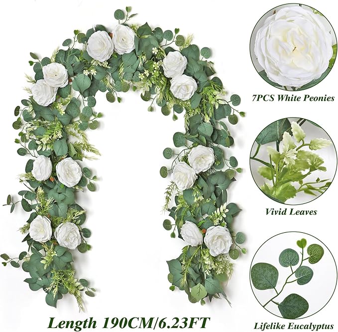 4 Pack 6.23 FT Artificial Eucalyptus Garlands with White Roses,Faux Floral Greenery Garlands Fake Rose Flowers Vines Garlands for Wedding Table Centerpieces Arch Party Ceremony Backdrop Decor
