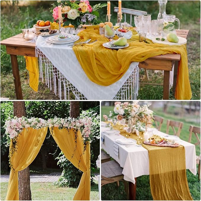15 Pack Cheesecloth Table Runner 10Ft Romantic Cheese Cloth Table Runner 35 x120 Inch Rustic Gauze Boho Table Runners for Wedding Birthday Party Baby Bridal Shower Gender Reveal Table Decor(Mustard)