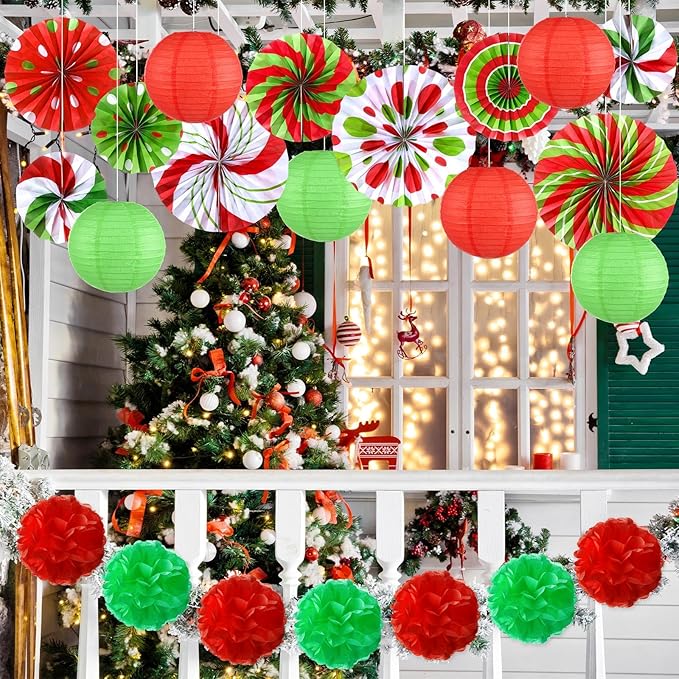 Outus 21 Pcs Christmas Hanging Paper Decorations Candy Peppermint Fans Red and Green Tissue Pom Poms Colorful Paper Lanterns for Christmas Holiday Party Supplies Classroom Ceiling Wall Decor