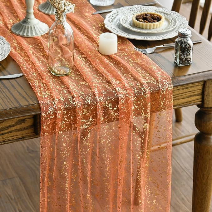 Artoid Mode 10PCS Orange Gold Gauze Table Runner 120 Inch 10FT, Glitter Metallic Foil Sheer Dining Wedding Anniversary Holiday Table Decor for Home Party