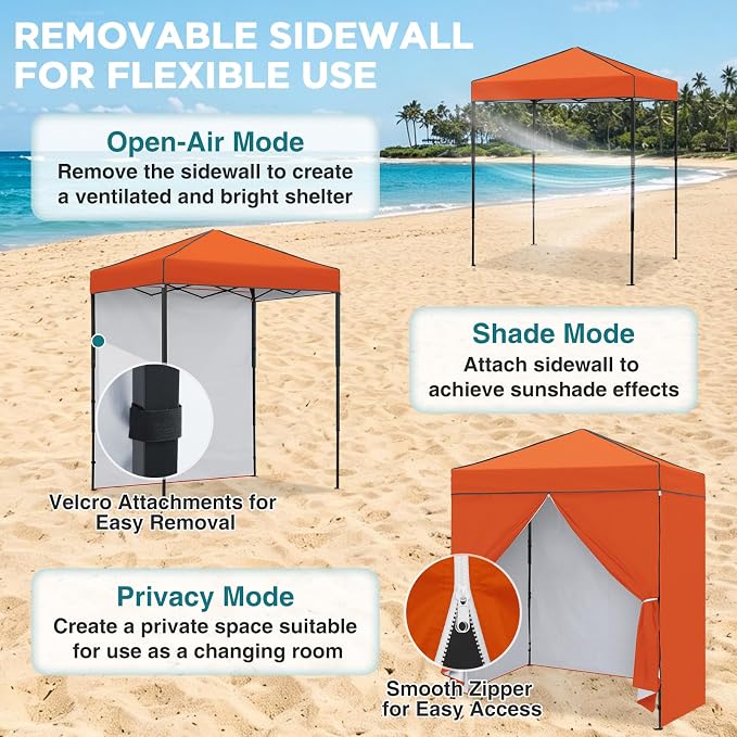 EAGLE PEAK 6x4 Instant Pop Up Canopy Tent with 4 Side Wall Panels, Straight Leg Sun Shelter, Portable Canopy with Carry Bag for Camping, Beach & Sports, Orange
