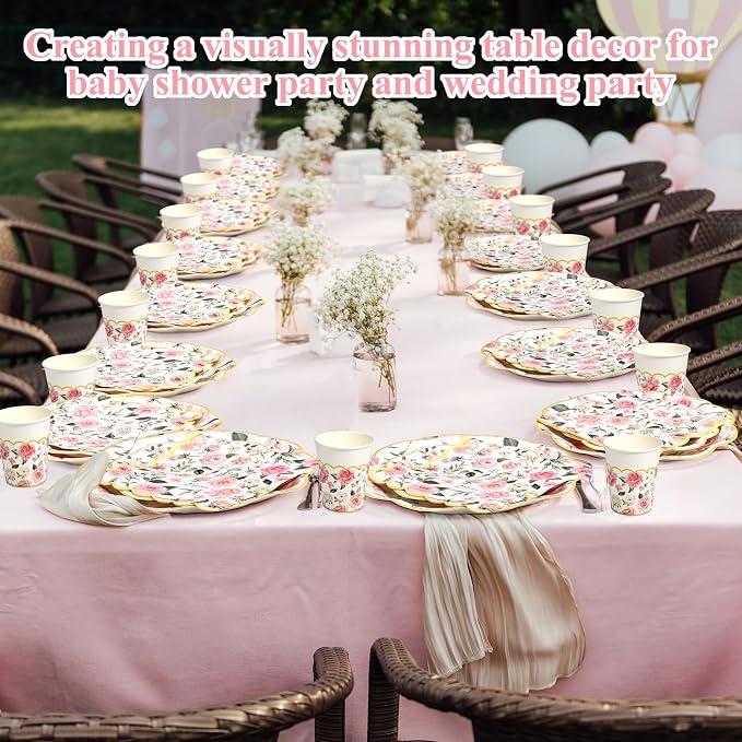 Funnymoom 250 Pcs Floral Party Decorations Flower Paper Plates Napkins and Cups Pink and Gold Floral Disposable Tableware Set for Bridal Shower Baby Shower Wedding Spring Tea Party Supplies, Serves 50