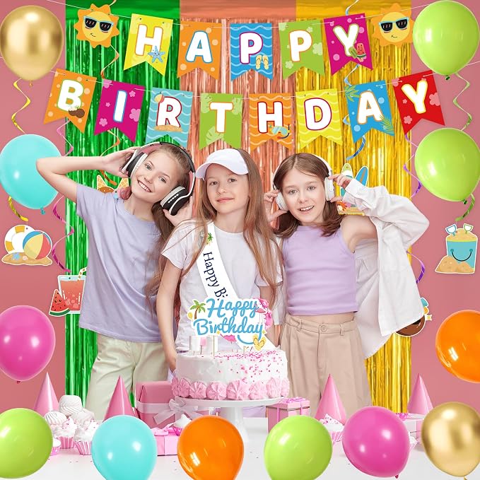 Crenics Summer Birthday Decorations - Happy Birthday Banner, Foil Fringe Curtains, Sash, Hanging Swirls, Cake Topper and Balloons for Summer Beach Theme Party Supplies